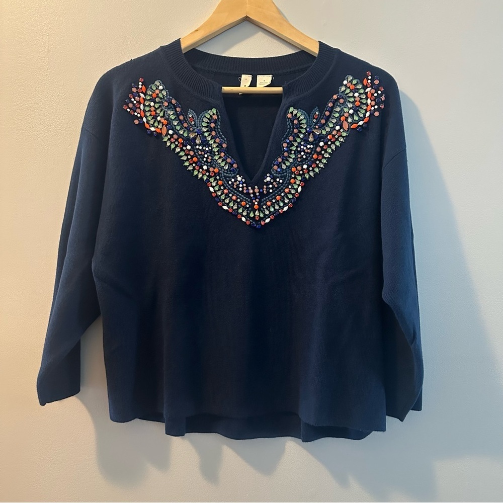 Anthropologie Moth Women’s Jeweled Beaded V-Neck Navy Sweater Size Small - Picture 5 of 14